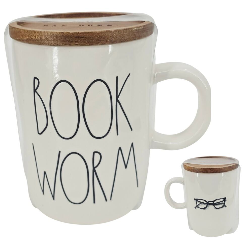 NEW Rae Dunn Book Worm Coffee Tea Mug Cup with Good Lid Reader Book Lover Gift